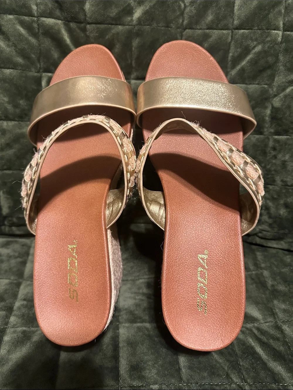 Soda Metallic Gold Braided Double-Strap Wedge Slides